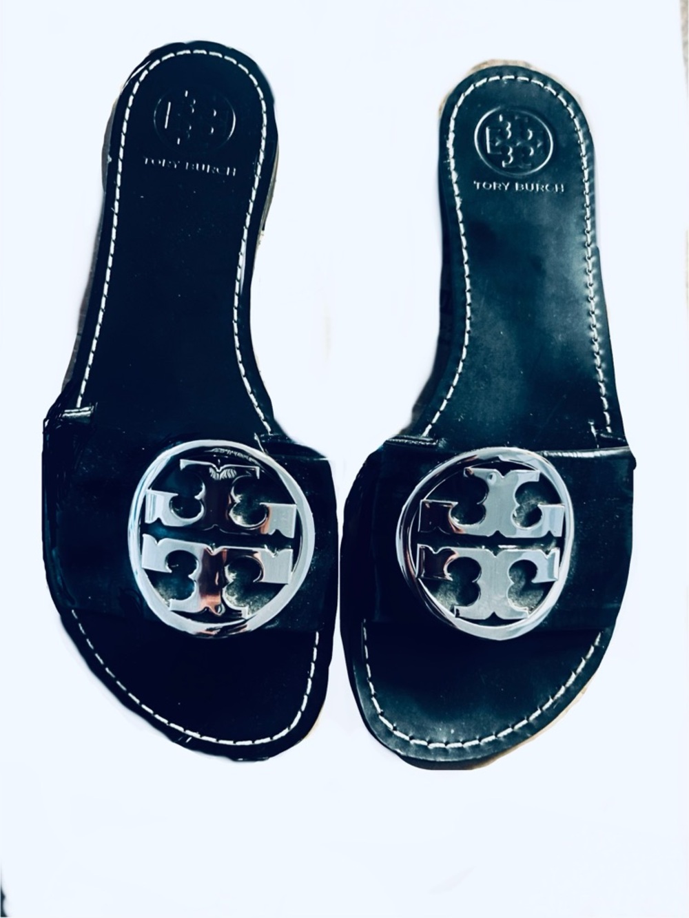 Tory Burch Black Grania Leather Logo Circle Slide Sandals